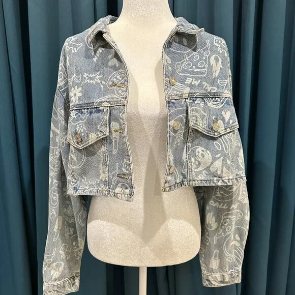 Edikted Cropped Denim Jacket & Malia Printed Wide Leg Jeans Streetwear - Picture 8 of 16